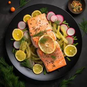 The salmon is a rich pink color and looks perfectly cooked. The beautifully plated carrots are bright and flavorful.