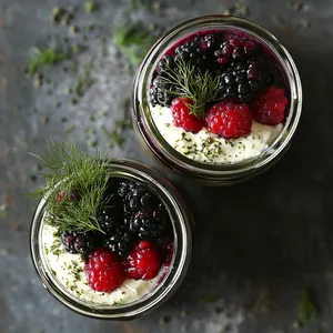 From above, you see two mason jars filled with vibrant layers. The bottom layer shines with crushed buttery biscuits. Above it lies a luscious white cream cheese mixture speckled with fine green dill. On top, a glossy mixture of mixed berries, the purple and red hues contrasting with the creamy layer beneath. A sprig of dill rests on top, suggesting the unique flavor within.