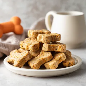 The end result is a pile of bone-shaped biscuits, golden-brown with flecks of oats and pumpkin, on a pristine, white porcelain dish. Next to the plate is a clean, new dog toy, suggesting they are ready to be shared with a beloved pet. The setup might be complemented by a dog-themed dish towel or a picture of a dog in the background for a thematic touch.