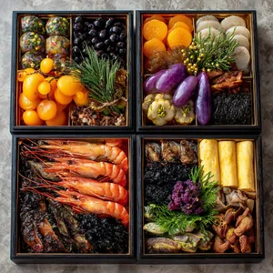 A three-tiered lacquer box filled with an array of vibrant, well-arranged dishes. Top layer reveals glossy black soybeans, bright oranges of the shrimp, and the subtle glimmer of golden sweet rolled omelettes. The middle box unveils delicious simmered vegetables, highlighting deep purples, earthy greens, and heartwarming broths. The bottom compartment indulges with grilled fish and seaweed rolls, juxtaposing shades of ocean blues and fresh greens.