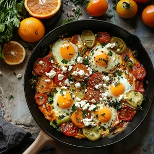 A stoneware skillet holds a vibrant, steaming mixture. The bronzed eggs nestled amongst a sea of emerald endives and crimson tomatoes, bordered by pops of bright orange citrus. Bits of feta crumbled generously over it, finishing with a sprinkle of herbs. The palette is visually stimulating, befitting for a trendy culinaire's Instagram feed.