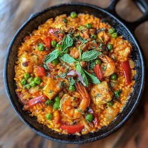 Rustic cast iron pan generously filled with saffron-hued rice - glistening with pockets of moisture. Plump prawns, bright red bell peppers, and chunks of chicken are scattered throughout. A sprinkling of fresh green peas adds vibrant pops of color. The dish is garnished with a delicate chiffonade of fresh mint, providing a bright contrast to the warm hues of the dish.