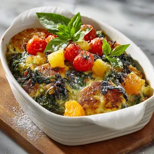 A golden-baked dish of greens interspersed with vibrant colors of pineapple and papaya chunks, glistening in the winter morning light. Cheesy tapioca pancakes stack up next to the vibrant dish, their golden brown color complementing the baked escarole. Vine cherry tomatoes and fresh basil leaves add pops of color, while a dusting of powdered sugar adds that snowy touch, perfect for an Instagram snap.