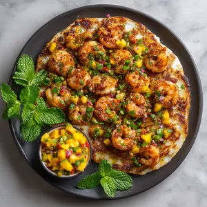 The Uttapam appears like a generously topped pancake, scattered with golden-brown shrimps and flecks of green chilies, making the entire ensemble a feast for the eyes. The mango salsa in a small bowl on the side adds a pop of yellow-orange brilliance. Fresh mint leaves give the platter a vibrant freshness.