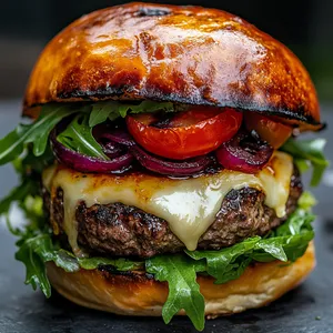 From the top, you'll see a golden brioche bun, slightly charred at the edges, lifted to reveal an array of colorful toppings - bright red roasted tomatoes, crispy green arugula, deep purple caramelized onions, and a melting slice of cheddar cheese over a juicy sirloin patty sitting on a bed of crisp lettuce.