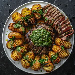 From above, you see beautifully charred beef tenderloin slices fanned out in a semicircle on one side of the plate, with golden and crispy Hasselback potatoes lining the other side. Drizzled atop the meat and potatoes is a vibrant green chimichurri sauce, scattered with finely chopped fresh herbs. The grill marks on the meat and potatoes add an appealing wood-fired aesthetic.
