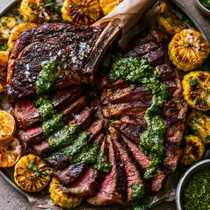 From above, a deeply seared sliced tomahawk steak fans across a large platter, its long bone wrapped in parchment for drama. Emerald chimichurri is spooned in glossy streaks over rosy meat, with golden charred corn rounds and blistered lemon halves tucked around the edges. Flaky salt sparkles on top, scattered herbs add freshness, and a small bowl of extra sauce completes the striking steakhouse-style presentation.