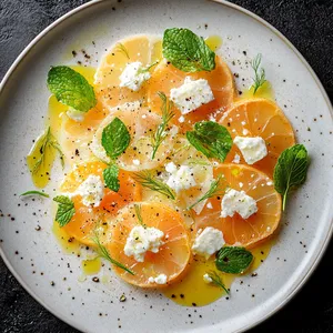 The dish resembles a vibrant, edible piece of art, carefully plated on a matte white dish. Thin, translucent slices of fennel and citrus create a colorful mosaic, with hues of pale green and sunny orange. Midway through the feast of colors, crumbled feta delicately snows, offering wisps of white that twinkle against the bright backdrop. Flecks of deep green fresh mint leaves are scattered throughout, drawing the eye in, tempting you to take the first bite. Drizzles of the dressing pool subtly around the mandala, shimmering in hues of amber.