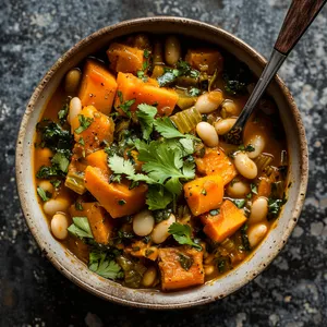 A beautifully rich stew, filled with varied colors: the bright orange of sweet potatoes, the green flash of fennel, speckled with creamy white cannellini beans. Smoky African spice blend lends a rustic charm, while fresh cilantro leaves give a burst of green on top. The visual appeal is amplified by serving in a rustic bowl with a sturdy wooden spoon.
