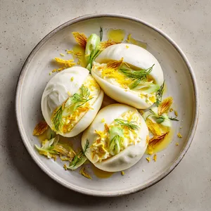 A picture-perfect dish, consisting of soft, white, almost cloud-like steamed buns, filled with a vibrant, creamy yellow mascarpone mix that seeps enticingly out from the bun's center when cut open. Beautiful thin slices of candied fennel and lemon zest accents are spread across the plate, providing a burst of color and texture.
