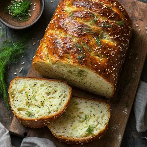 A golden, robust loaf studded with green fennel fronds and sprinkled with sesame seeds. A couple of pieces sliced showcasing the moist interior filled with specks of fennel and citrus zest, on a rustic wooden board.