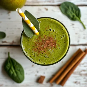 A vibrant green smoothie garnished with a small sage leaf and a sprinkle of cinnamon, served in a tall, clear glass with a yellow and white striped paper straw. Positioned on a rustic, white wood surface along with fresh spinach leaves, a ripe pear, and cinnamon sticks.