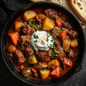 Piping-hot goulash served in a jet-black cast-iron pan, topped with a dollop of sour cream and sprinklings of paprika. The lustrous brown goulash teems with chunks of ruby-red beef, potatoes, carrots, and peppers. Bright green herbs add a pop of freshness. Slices of crusty bread huddle around the pan, waiting to absorb the warmth and flavors.