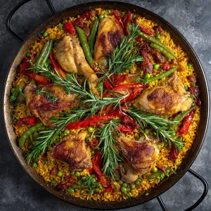 From above, you see a radial symphony of colors on a round shallow pan. The richly golden saffron-infused rice cradling chunks of rabbit and chicken, scattered with vibrant green beans and lima beans. Shining red bell peppers and tomatoes add color contrast, all garnished with fresh rosemary sprigs.