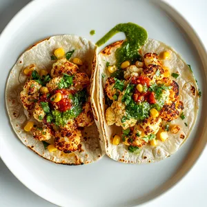 On a background of a crisp white plate, two tacos stand in vibrant contrast, with a gorgeous array of colors peeping out. The charred golden-brown florets of cauliflower, caramelized to perfection, blend harmoniously with the fresh green coriander, the sweet yellow corn and the splashes of ruby-red salsa verde.