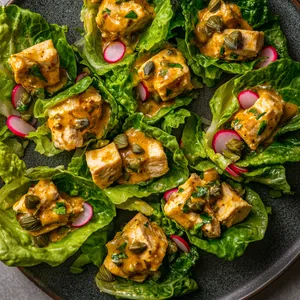 Imagine yourself looking down to find a beautiful platter, neat green-pockets of lettuce, perfectly holding succulent cubes of chicken. All glistening under a glaze of golden, creamy Dijon sauce. The platter is garnished with vivid capers and slivers of red radish, the last bits of pink and green hinting at the vibrant flavors bursting from within.