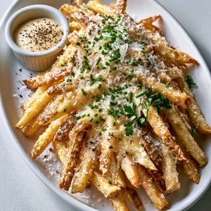 From above, a white oval platter overflows with neatly stacked golden fries, edges deeply crisp and glistening. Fine snow-like shavings of Gruyère melt softly over the top, dotted with vivid green chives and parsley. A small ramekin of pale aioli sits beside the pile, dusted with cracked black pepper, while a final pinch of flaky salt and truffle flecks gives the whole plate elegant bistro drama.