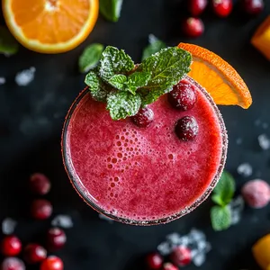 This smoothie is a vibrant burst of orange-red with flecks of green from the added mint. When viewed from above, the fresh mint sprig garnish accents like a star atop a Christmas tree and the served glass wears a slice of bright orange on its rim, making it a truly outstanding winter spectacle.