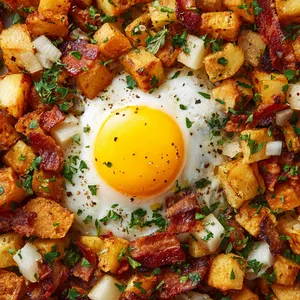 A picture-perfect contrast of colors: crispy diced golden-brown potatoes complemented by white chunks of Daikon and vibrant green herbs; all of this blanketed by a golden-yellow runny yolk cascading from a perfectly cooked sunny-side-up egg.