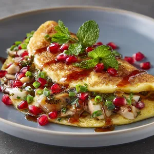 The dish is a lightly-golden omelet, carefully folded in half. The interior reveals a hearty blend of white mushrooms, pieces of pomegranate and kiwi, glistening with a clear, tangy glaze. The plate is garnished with fresh mint and chopped spring onions, offering a contrast in color. It's a feast for the eyes, as well as the palate.