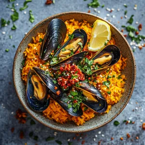 A duo-tone stoneware bowl filled with vibrant orange pilaf, topped with half-open dark mussels, scattered with green herbs and red kimchi flakes. A squeeze of bright yellow lemon sits at the bowl's edge for an enticing pop of color.