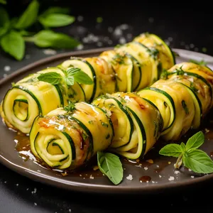 The dish should look vibrant with contrasting colors: the golden brown of the grilled zucchini rolls encasing a creamy lemon-parmesan filling, garnished with sprigs of fresh basil on top. A drizzle of garlic glaze adds a sheen to the entire arrangement and scatterings of parmesan shavings and lemon zest offer additional texture.