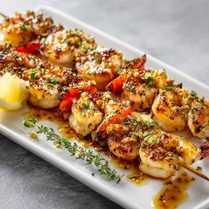 Golden seafood skewers lined up on a rectangular white platter, glaze glistening under the light and bits of minced garlic clinging to the colorful array of seafood. A sprig of fresh thyme and a drizzle of lemon zest are the eye-catching garnishments. The bright colors of the seafood, contrasting with the garnishment and white platter, make the dish pop.