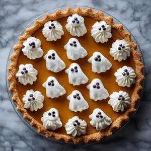 From above, you see a perfectly round pumpkin pie. It's adorned with dollops of whipped cream, strategically piped to resemble playful ghosts. Each ghost has two tiny chocolate chips for eyes. The pie's amber hue, courtesy of the pumpkin, beautifully contrasts with the brilliant white of the cream ghosts.