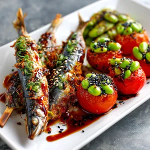 Glistening sardine skewers bursting with robust colors from the Ponzu glaze cross one side of the plate. Opposite, sit pop-color edamame-stuffed tomatoes dusted with black sesame. The clash of crimson tomatoes, green edamame, and lustrous sardines scream summer vibrancy in this Instagram-worthy dish.