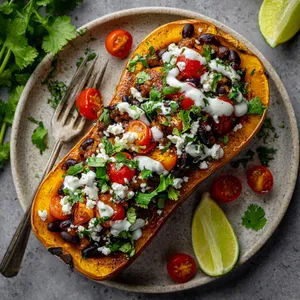 A golden half of roasted butternut squash facing upward, proudly displaying a vibrant filling of rich black beans, crumbled queso fresco, and vivid red cherry tomatoes. The dish is garnished with fresh green cilantro and a drizzle of tangy lime crema, offsetting the comforting warmth of the squash.