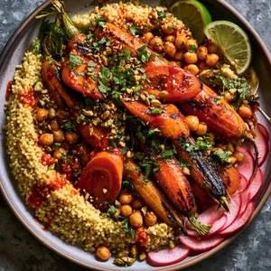 From above, a wide shallow bowl shows a swoosh of pale golden coconut freekeh topped with charred orange carrot halves, ruby gochujang glaze, scattered emerald herbs, crunchy golden chickpeas, chopped pistachios, and thin pink radish slices with lime wedges at the edge.