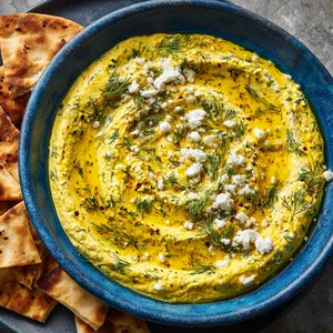 The dish is a radiant blend of colors - The tzatziki is a soft yellow-orange, studded with dark green specks of dill and streaks of olive oil. It sits in a blue earthenware bowl, and a small pile of pita chips rest on the side. Swirls of the golden dip adorn the chips and crumbled feta cheese is sprinkled over the top. 