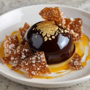 A smooth, glossy dark chocolate dome adorns your plate, sheer elegance accentuated by a dusting of edible gold leaf. It sits surrounded by shards of almond sea salt brittle, sparkling in the light. A drizzle of honey orange sauce swirls around the dome, adding a vibrant splash to the scenery.