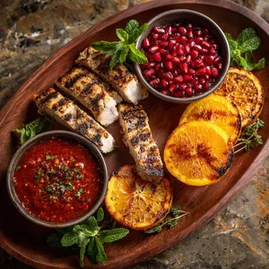 Grilled pork slices adorned with puckery quick-pickled oranges bathe in a luscious crimson-orange sauce, all set against a rustic wooden platter. A trio of grilled orange halves seared to perfection, jewel-tone pomegranate seeds, and sprigs of fresh mint provide pops of color that dance on the platter.