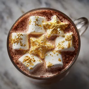 From the top, you see a warm, rich, and creamy hot chocolate filled to the brim of a large glass mug. It's elegantly garnished with marshmallows that are cut aside the stars in a beautiful formation and elegantly dusted with gold glitter adding a glamorous touch.