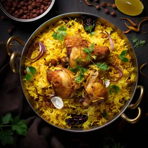 When gazing from above, you see a layer of glistening golden basmati rice adorned with fried onions, raisins, and cashews. Underneath, explore layers of tender spiced chicken tinted yellow with saffron-imbued yogurt marinade. It's a harmonious blend of colors, textures, and enticing aromas.