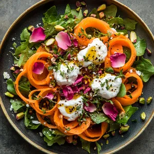 Bright orange circular carrot ribbons pop against a bed of mixed greens. Small dollops of creamy goat cheese speckled with herbs are nestled in. Pink rose petals and crumbled pistachios add bursts of color. A drizzle of rose vinaigrette gives glossy finish.