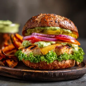 A symphony of vibrant colors on a rustic wooden plate. Look at the toasted multigrain bun glistening with glossy avocado aioli. Nestled within is the moist, golden brown, grill-marked, chicken fillet. It's adorned with fresh, crunchy lettuce, a ruby-red tomato slice, melted pepper jack cheese, and fiery red onion rings. A pickle spear and baked sweet potato fries on the side add a fun dimension.