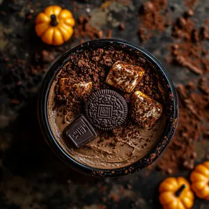 Imagine a mini edible graveyard when viewed from above: a rich, creamy dark landscape of chocolate mousse crowned with tomb-shaped cookies. Specks of crushed oreo dirt scattered around with miniature candy pumpkins adding a pop of Halloween color.