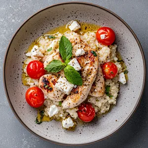 The plate sets a Mediterranean vibe with colorful cherry tomatoes, little islands of feta cheese beneath a swirl of olive oil glaze. Steamed chicken and cauliflower 'risotto' make a creamy backdrop, topped with a sprig of fresh mint, creating an irresistible, bright, and fresh appetizing vista.