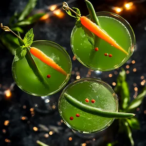 Vibrant green liquid in classy martini glasses, with an elegantly placed green bean spearing through a skewer sized brightly colored orange carrot garnish. A few sprigs of fresh mint leaves decorate the rim of the glass. The lights reflect off the liquid, making the cocktail sparkle.