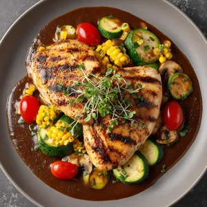 Two golden-brown grilled chicken breasts sit on a splash of deep-brown shiitake mushroom sauce, surrounded by vibrant red cherry tomatoes, deep-green zucchini slices, and yellow roasted corn kernels. The plate is garnished with a pinch of microgreens centrally placed.