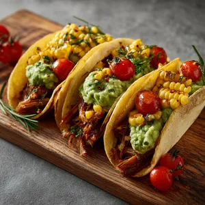 Golden corn and tawny jackfruit peeking out from soft corn tortillas, set off by the brilliant green avocado mash and speckled with vibrant red cherry tomatoes. A sprinkle of fresh herbs and a dash of red pepper flakes for color contrast. All against the rustic charm of a wooden serving board.