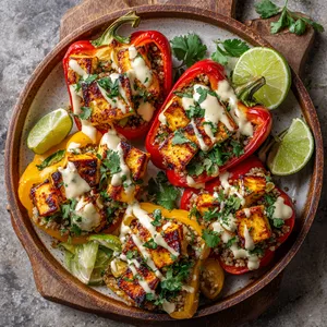 A colorful plate with vibrantly hued bell peppers stuffed to the brim with nutty quinoa and golden grilled halloumi chunks. The peppers are garnished with fresh cilantro and drizzled with a lusciously creamy chipotle lime dressing, creating a stunning contrast of colors: the bright reds of the peppers, the creamy whites of the dressing, the green of the cilantro, and the gold of the halloumi. The dish is served on a rustic wooden board for a cozy, homey touch. A few scattered lime wedges add the finishing touch.