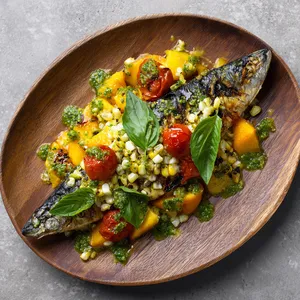 A whole mackerel, perfectly grilled, rests beautifully on a bed of fresh, vibrant peach salsa and charred corn. Streaks of salsa verde lend a pop of bright green color, while scattered basil leaves add interest. This dish looks as delicious as it tastes - a harmonious blend of bright colors against the backdrop of a rustic wooden plate.