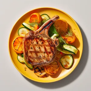 Grilled pork chops with a glossy glaze, served on a bed of fresh spring vegetable salad.