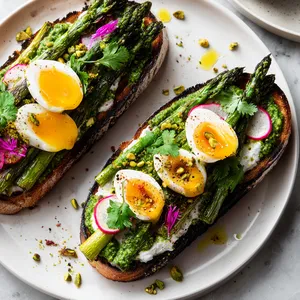 From above, two wide slices of charred sourdough sit on white plates, generously swirled with whipped ricotta and topped with glossy roasted asparagus spears, halved soft eggs with golden centers, vivid green cilantro-pistachio sauce, lemon zest, pink radish slices, cracked pepper, and scattered edible flowers.