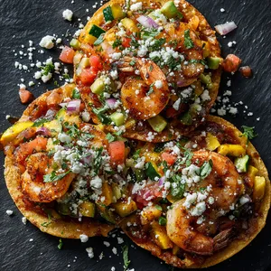 Crispy, golden tostadas piled high with a colorful medley of diced tomatoes, yellow squash, and charred shrimps. Finished with a drizzle of ruby red chili-lime vinaigrette and a sprinkle of crumbled Cotija cheese to create a visually appealing contrast.