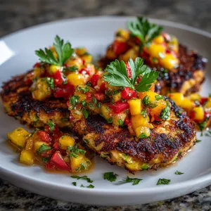 Golden shrimp zucchini cakes with charred edges, topped with a riot of finely diced fresh peaches, tomatoes, onion and peppers. The peach salsa, gleaming in a a shade of sunset, brings a beautiful contrast to the grilled cakes. It's garnished with a sprig of fresh parsley, signalling its freshness.
