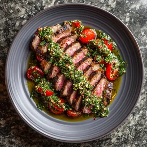 From above, the dish showcases the beautifully grilled steak sliced diagonally, fanning out an array of medium-rare pink hues against the vibrant green of the dotted chimichurri sauce with hints of sesame seeds. Reds of finely chopped tomatoes and streaks of sesame-miso brighten this aesthetically plated dish of fusion.